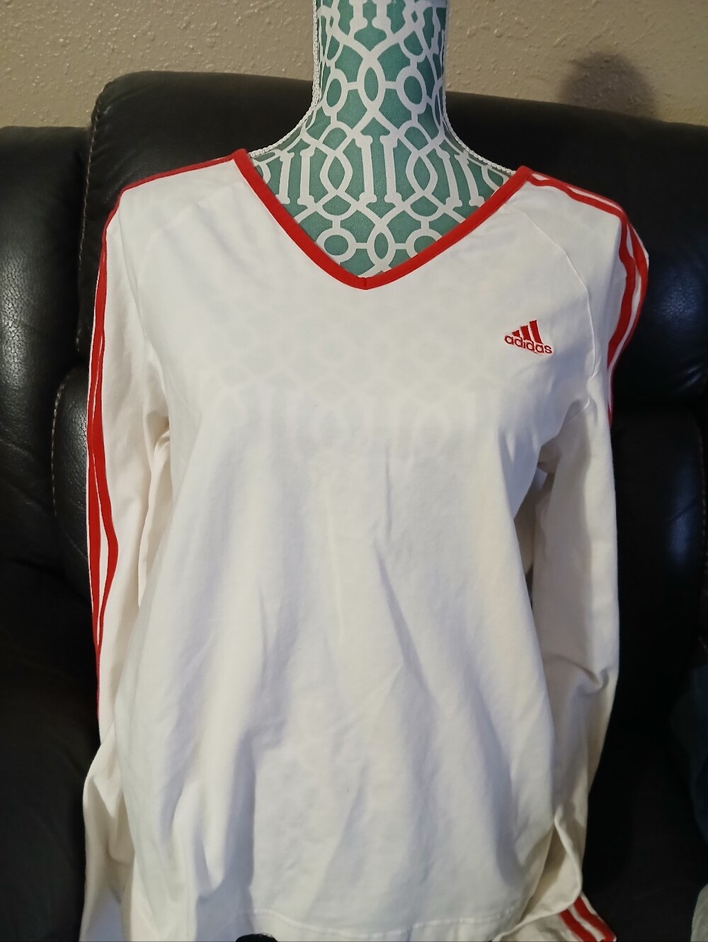 adidas White Long Sleeve V-Neck Top with Red Trim
